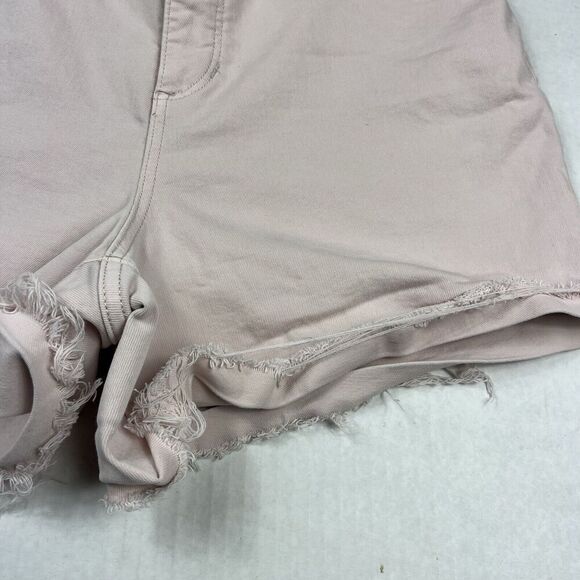 Express Womens Shortie High Rise Denim Shorts Pink Hyper Stretch Frayed Size 12 - Picture 2 of 12